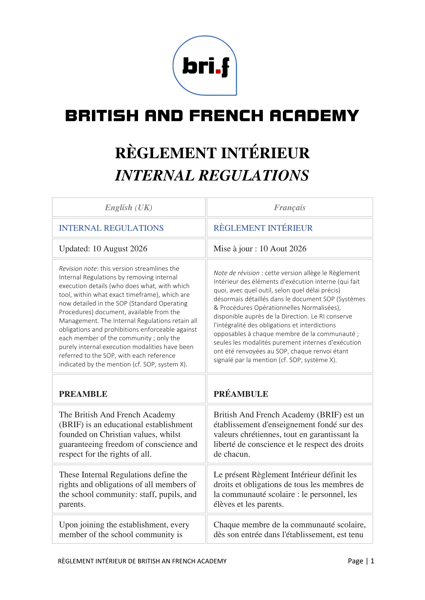 Règlement Intérieur / Internal Regulations — page 1