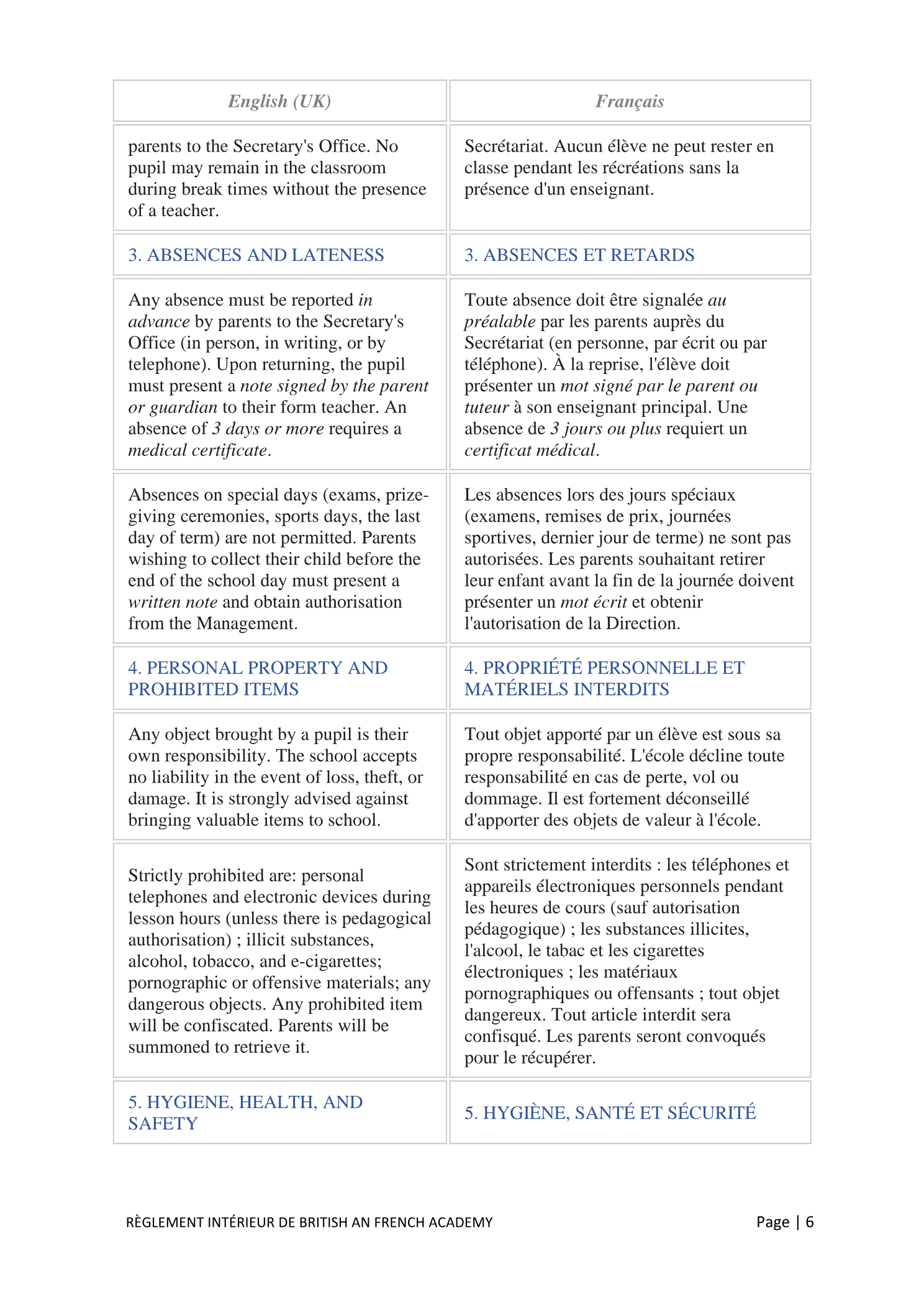 Règlement Intérieur / Internal Regulations — page 6