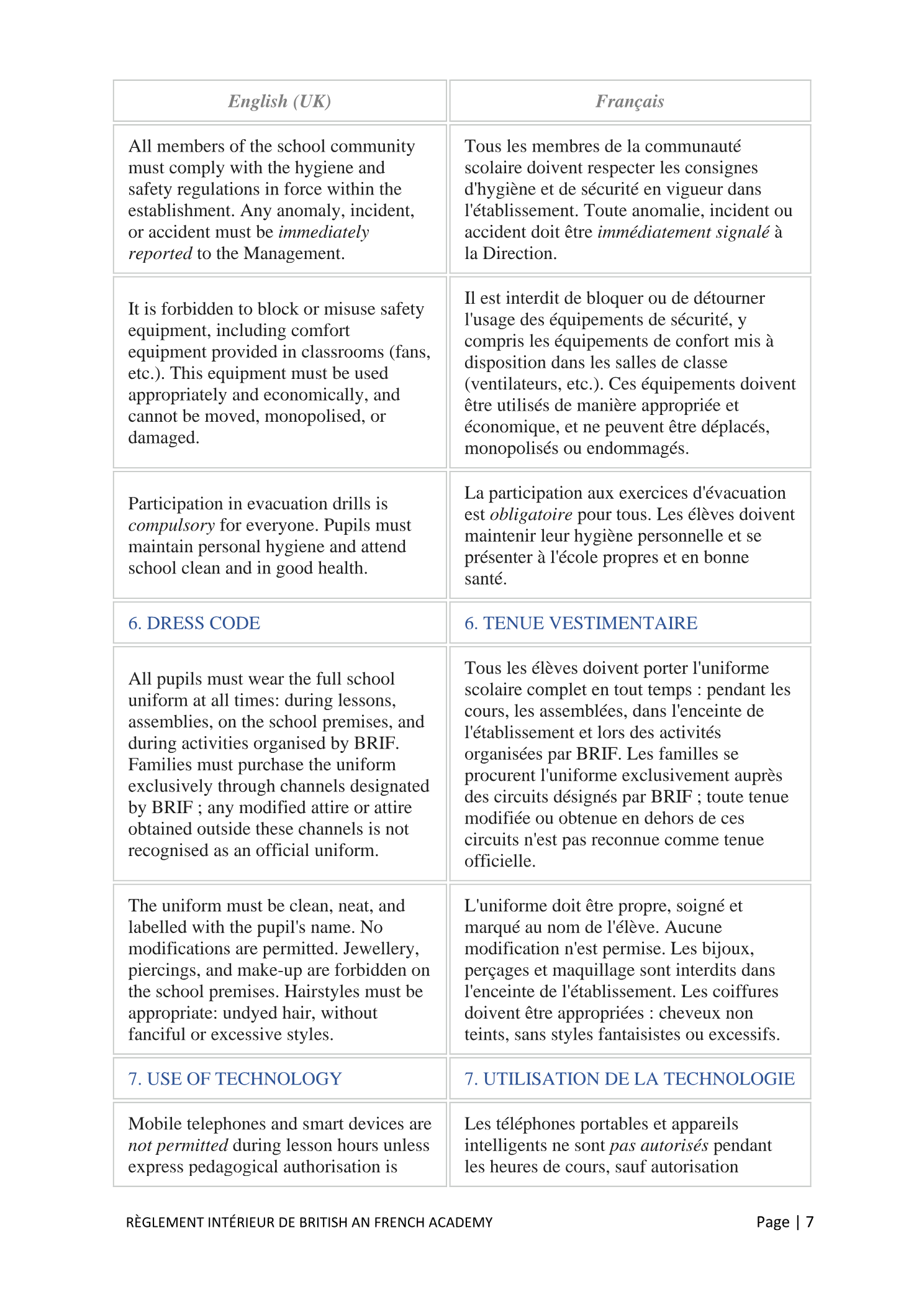 Règlement Intérieur / Internal Regulations — page 7