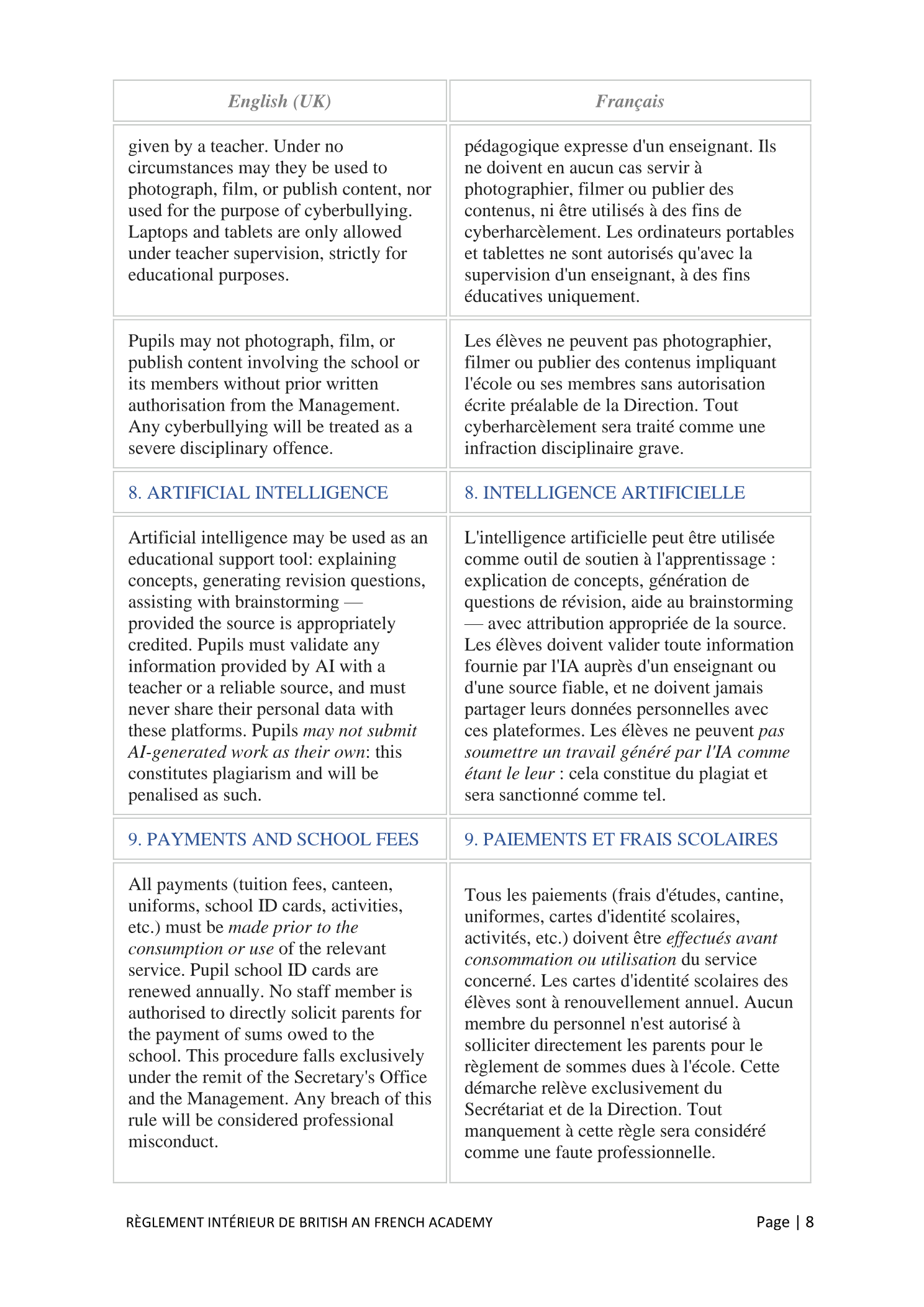 Règlement Intérieur / Internal Regulations — page 8