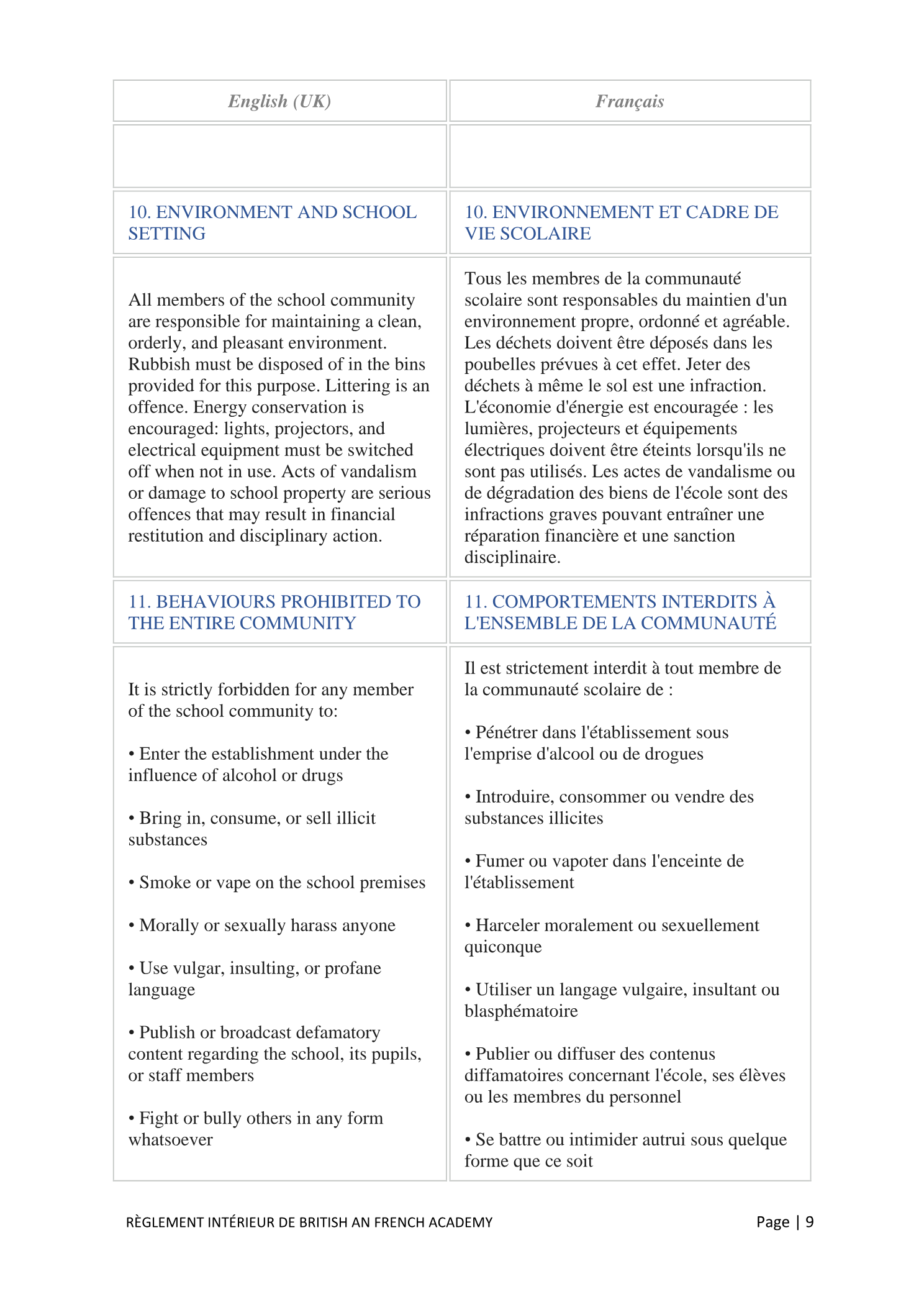 Règlement Intérieur / Internal Regulations — page 9