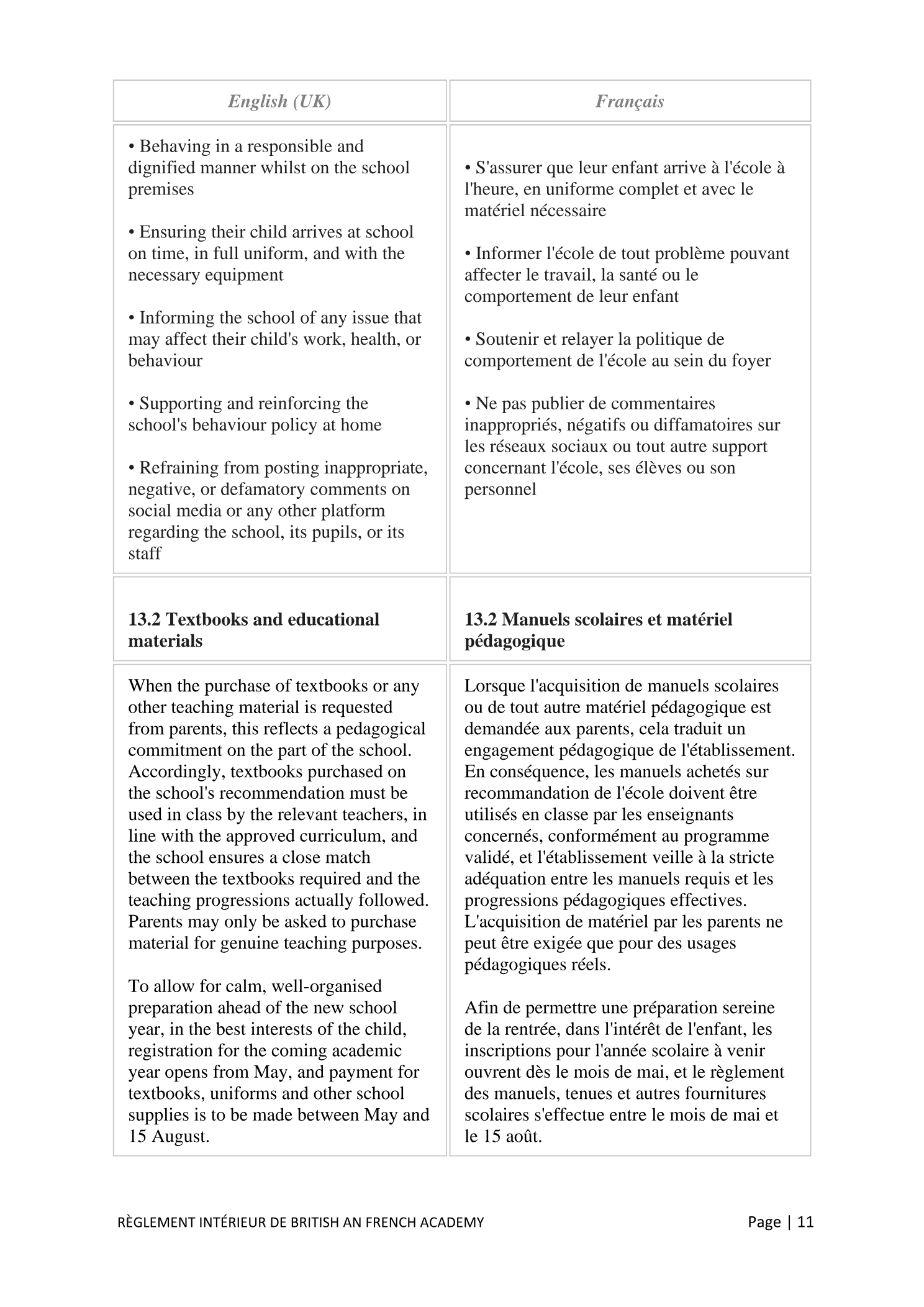 Règlement Intérieur / Internal Regulations — page 11
