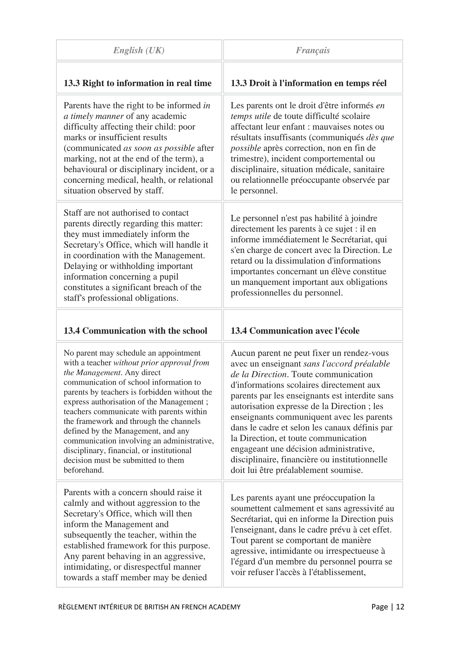Règlement Intérieur / Internal Regulations — page 12
