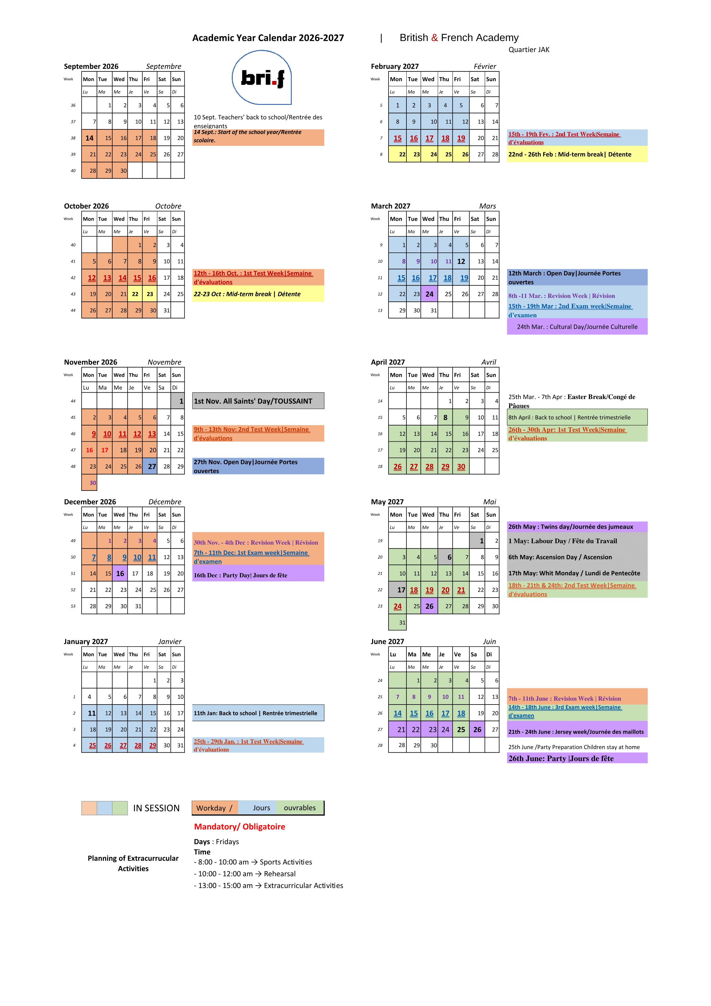 Academic Year Calendar 2026-2027 — page 1