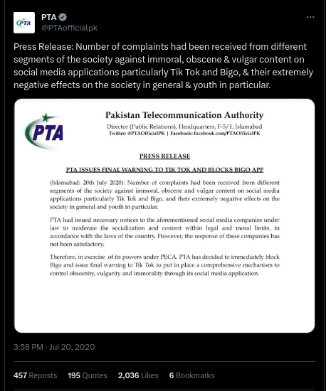 Tweet de la Pakistan Telecommunication Authority